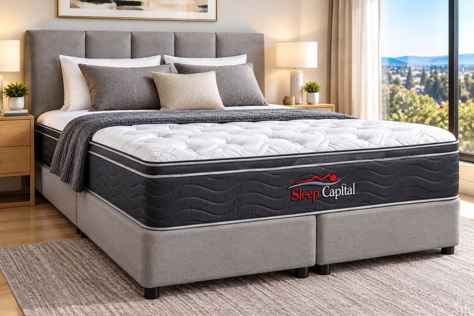 Sleep Capital pillow top mattress on an upholstered bed base