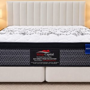 Sleep Capital Medium pillow top mattress on an upholstered base and bedhead